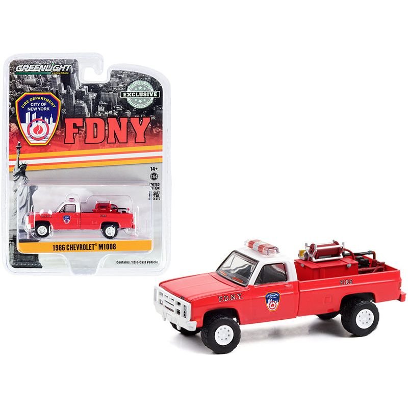 1986 Chevrolet M1008 Pickup Truck Red with White Top with Fire Equipment and Hose and Tank "Fire Department City of New York" (FDNY) "Hobby Exclusive" 1/64 Diecast Model Car by Greenlight - Greenlight - ModelCars.com