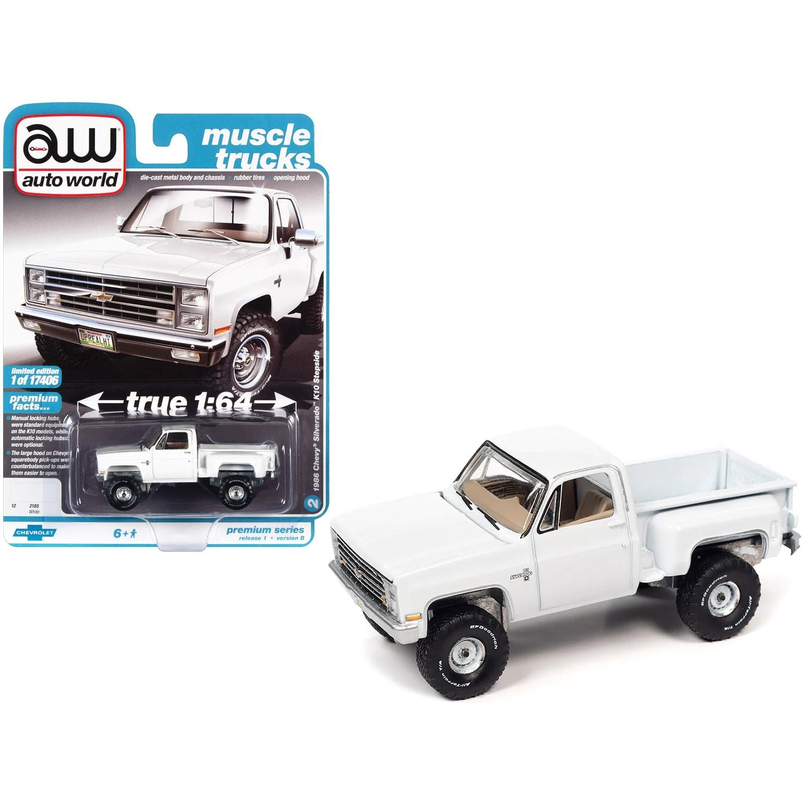1986 Chevrolet Silverado K10 Stepside Pickup Truck White "Muscle Trucks" Limited Edition to 17406 pieces Worldwide 1/64 Diecast Model Car by Auto World - Autoworld - ModelCars.com