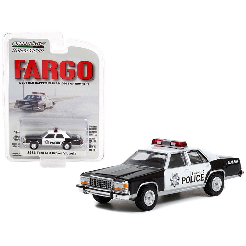 1986 Ford LTD Crown Victoria White and Black "Brainerd Police" (Minnesota) "Fargo" (1996) Movie "Hollywood Series" Release 35 1/64 Diecast Model Car by Greenlight-Greenlight-ModelCars.com