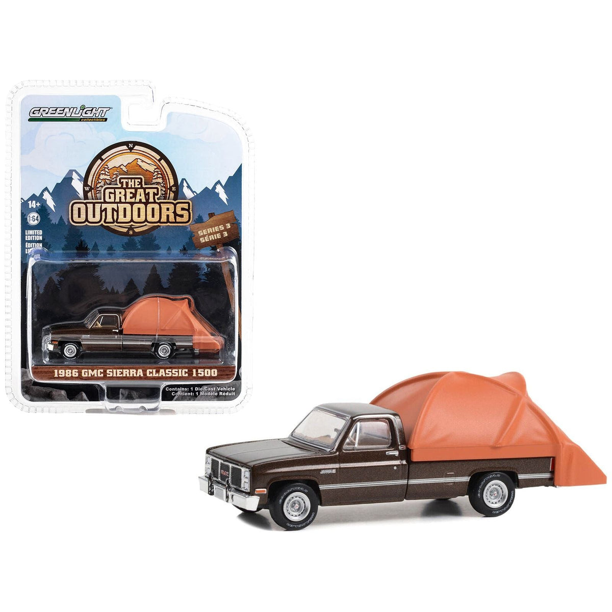 1986 GMC Sierra Classic 1500 Pickup Truck Dark Brown Metallic with Modern Truck Bed Tent "The Great Outdoors" Series 3 1/64 Diecast Model Car by Greenlight - Greenlight - ModelCars.com