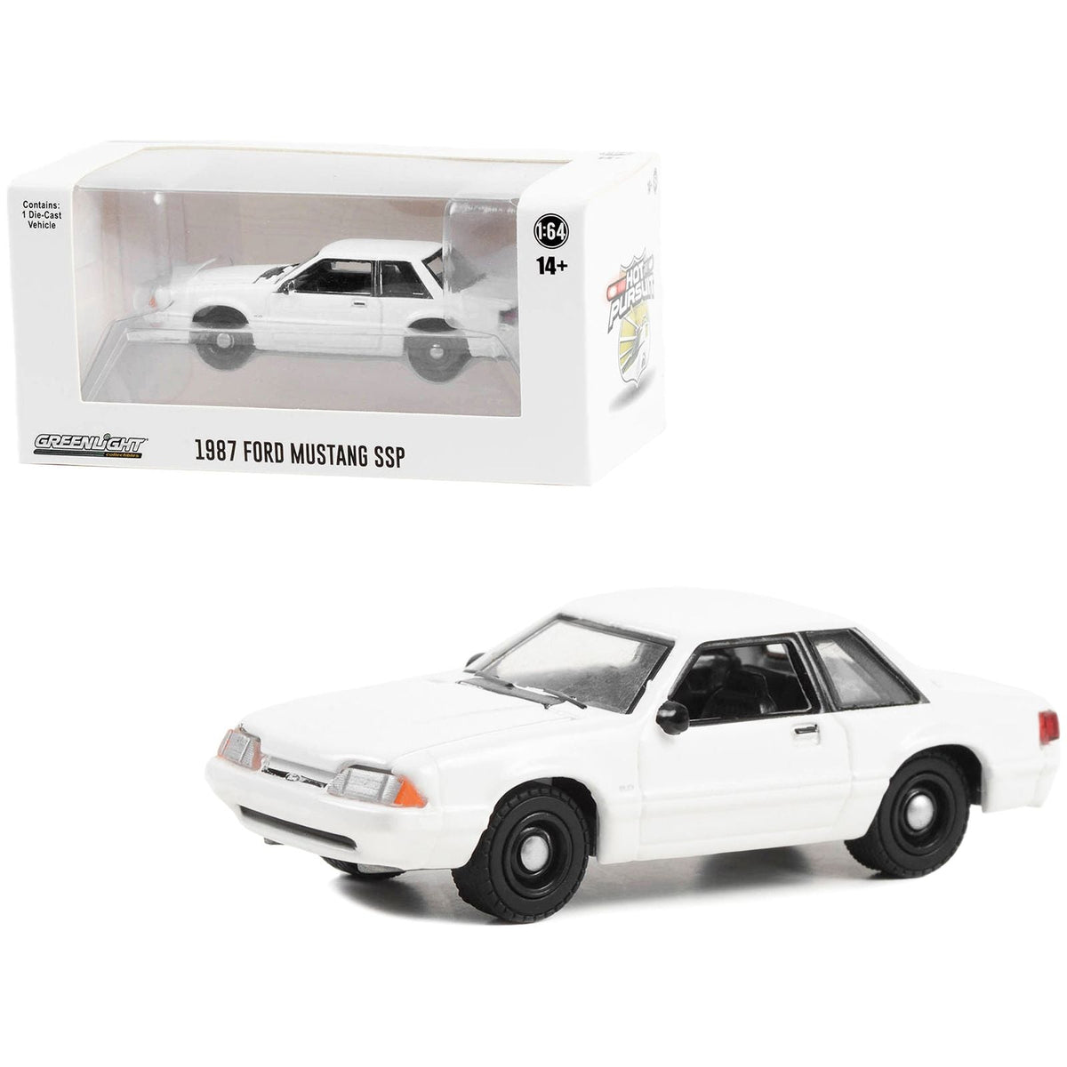 1987-1993 Ford Mustang SSP Police White "Hot Pursuit" "Hobby Exclusive" Series 1/64 Diecast Model Car by Greenlight-Greenlight-ModelCars.com