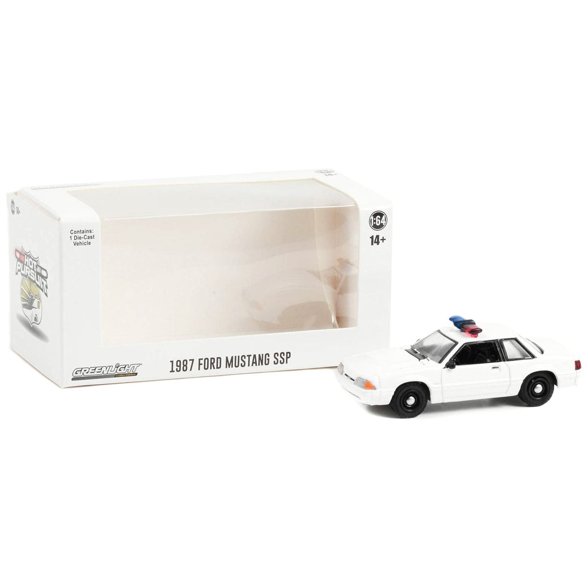 1987 - 1993 Ford Mustang SSP White Police Car with Light Bar "Hot Pursuit" "Hobby Exclusive" Series 1/64 Diecast Model Car by Greenlight - Greenlight - ModelCars.com