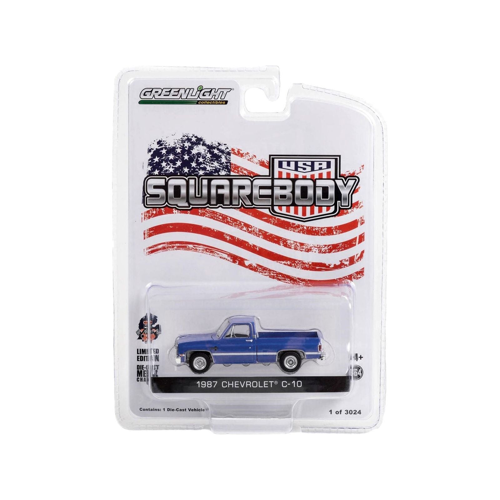 1987 Chevrolet C - 10 Pickup Truck Blue "Squarebody USA" Limited Edition to 3024 pieces Worldwide 1/64 Diecast Model Car by Greenlight - Greenlight - ModelCars.com
