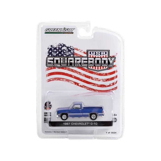 1987 Chevrolet C - 10 Pickup Truck Blue "Squarebody USA" Limited Edition to 3024 pieces Worldwide 1/64 Diecast Model Car by Greenlight - Greenlight - ModelCars.com