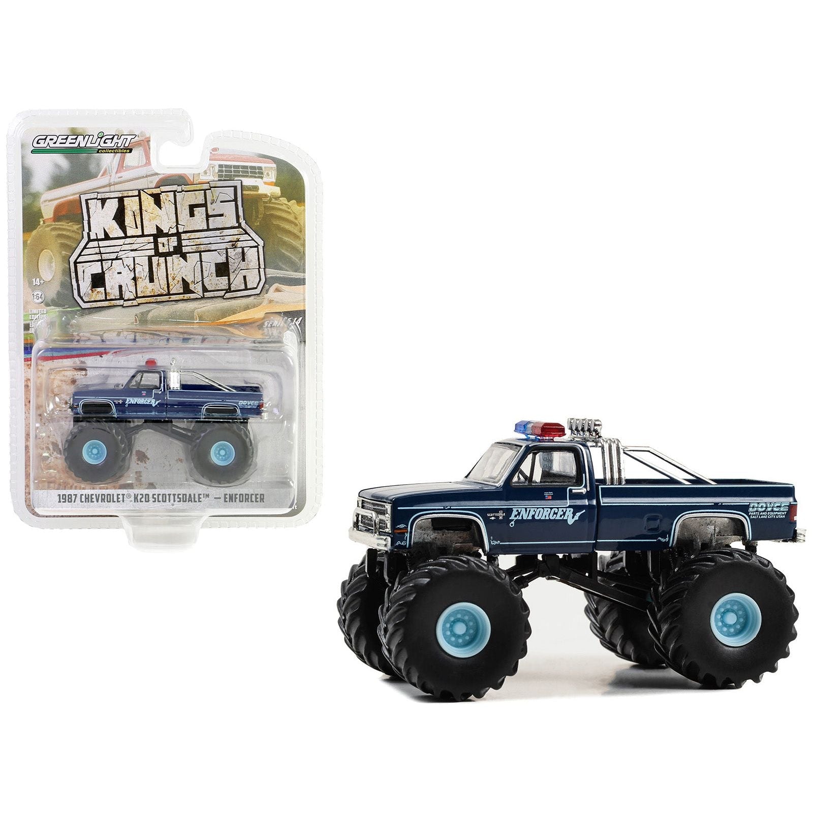 1987 Chevrolet K20 Scottsdale Monster Truck Dark Blue "Enforcer" "Kings of Crunch" Series 14 1/64 Diecast Model Car by Greenlight - Greenlight - ModelCars.com