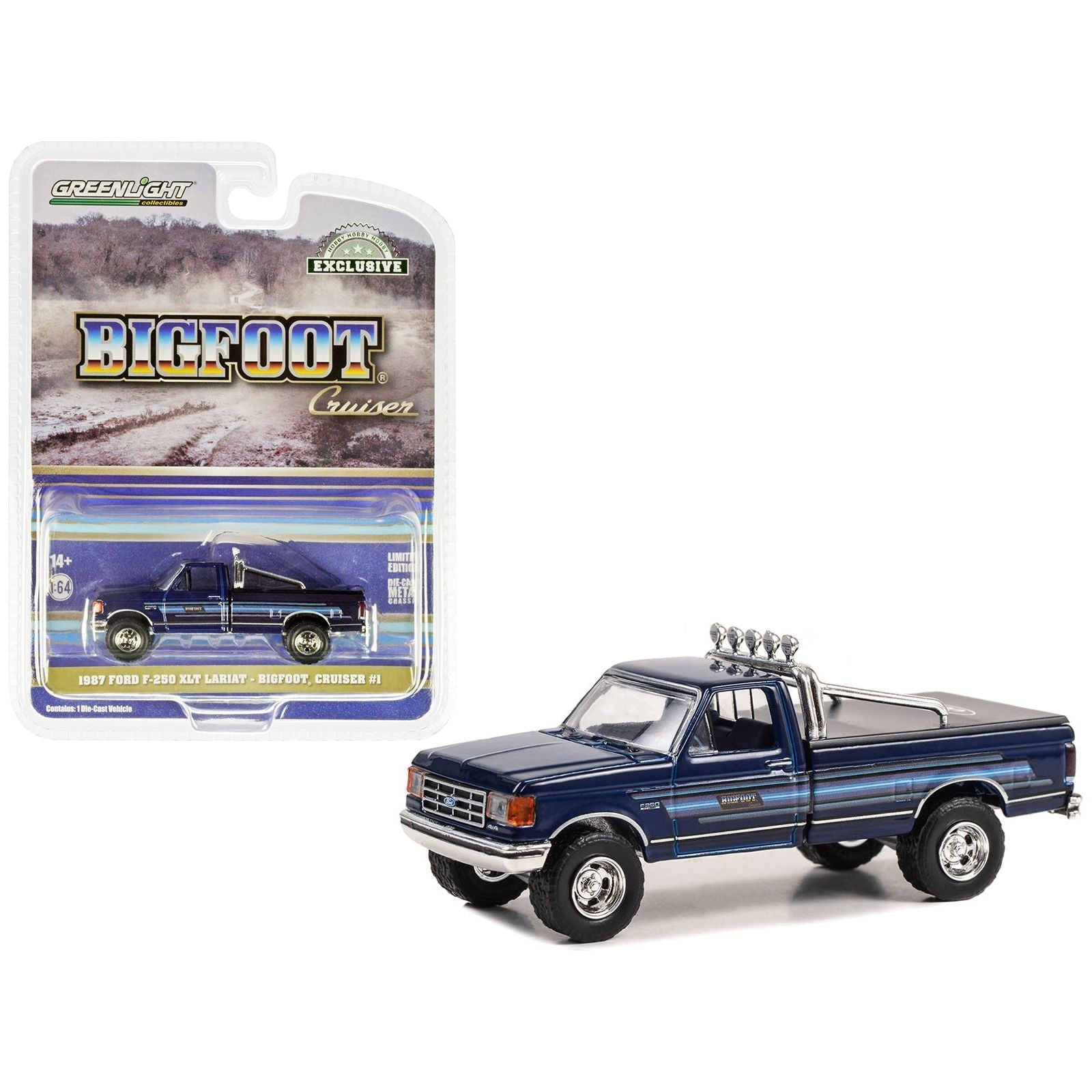 1987 Ford F - 250 XLT Lariat Pickup Truck Blue with Stripes and Blue Interior "Bigfoot Cruiser 1" "Hobby Exclusive" Series 1/64 Diecast Model Car by Greenlight - Greenlight - ModelCars.com