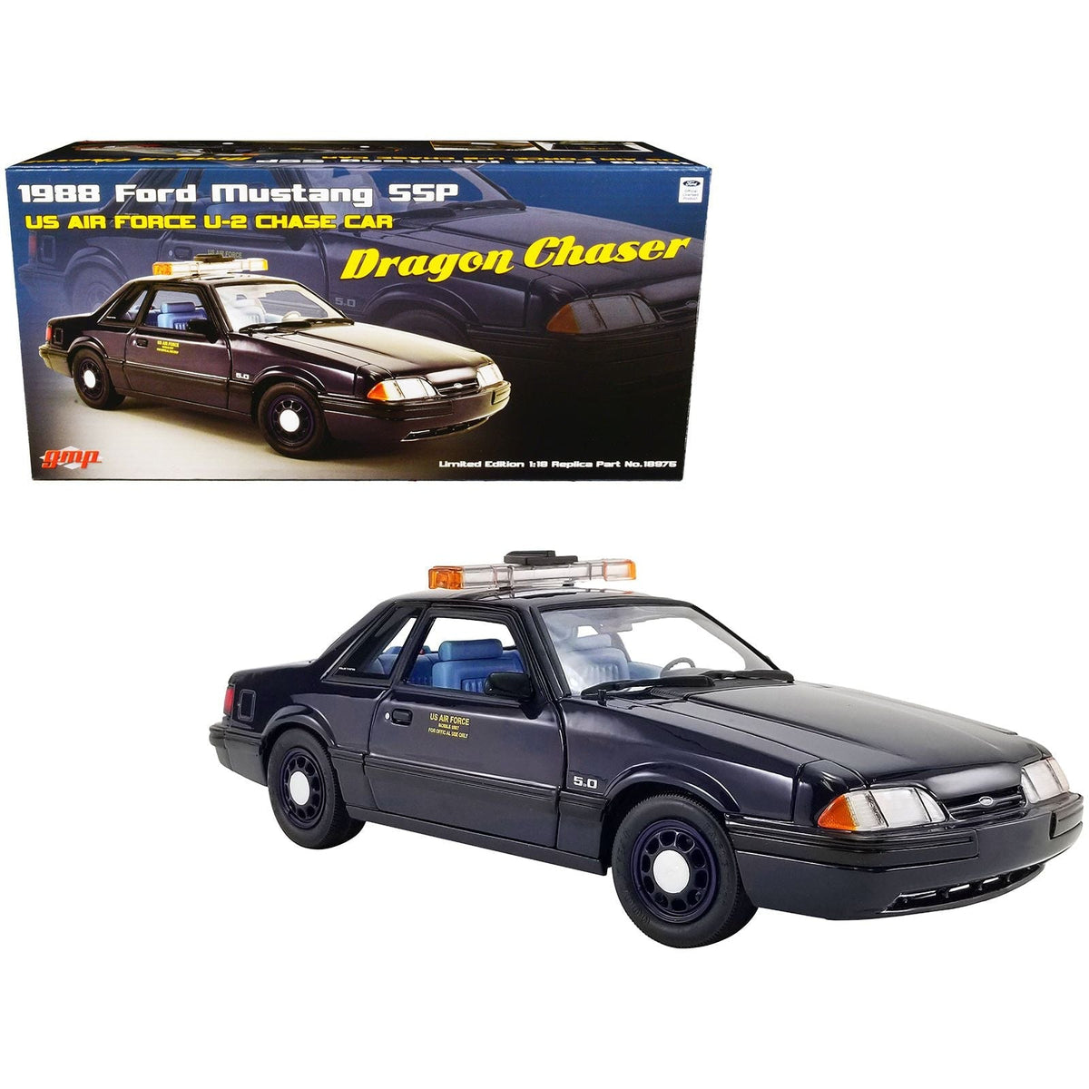 1988 Ford Mustang 5.0 SSP Dark Blue "U.S. Air Force U-2 Chase Car Dragon Chaser" Limited Edition to 852 pieces Worldwide 1/18 Diecast Model Car by GMP-GMP-ModelCars.com