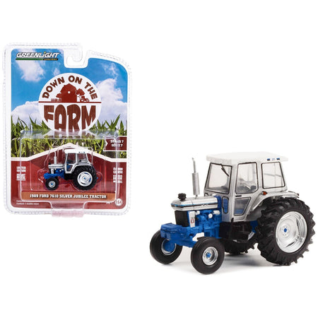 1989 Ford 7610 Silver Jubilee Tractor Silver and Blue with White Top "Down on the Farm" Series 7 1/64 Diecast Model Cars by Greenlight-Greenlight-ModelCars.com
