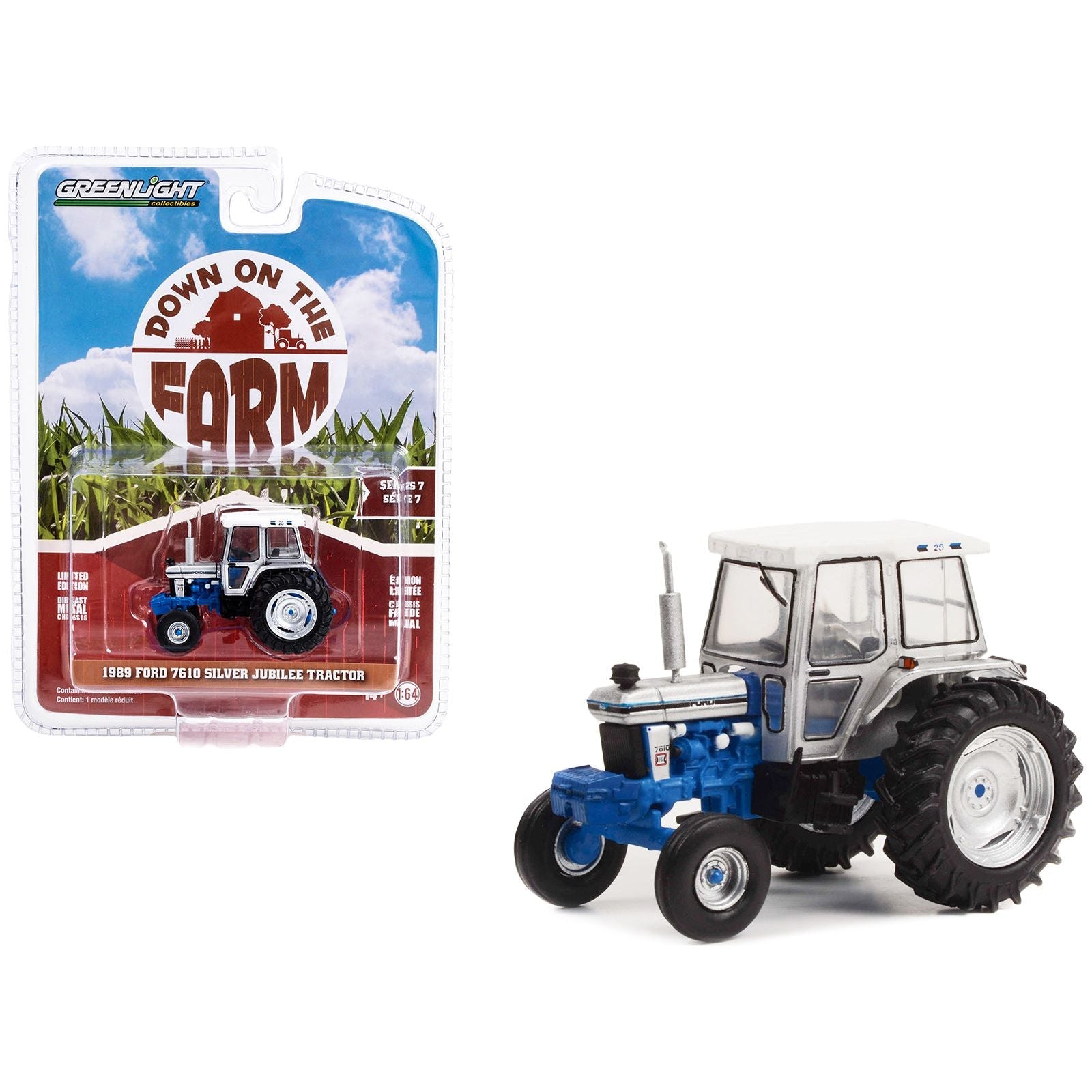 1989 Ford 7610 Silver Jubilee Tractor Silver and Blue with White Top "Down on the Farm" Series 7 1/64 Diecast Model Cars by Greenlight - Greenlight - ModelCars.com