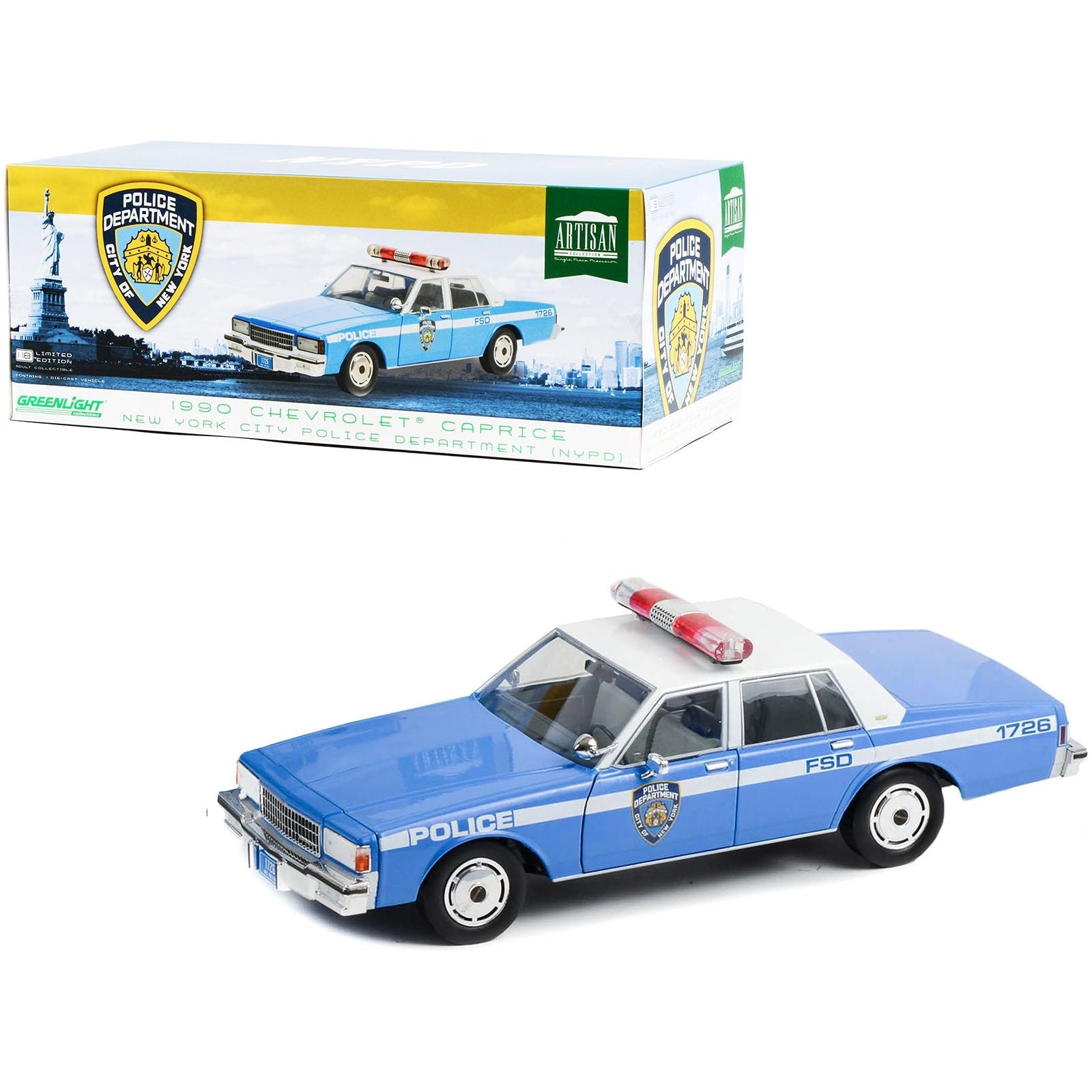 1990 Chevrolet Caprice Police Blue and White "NYPD (New York City Police Department)" "Artisan Collection" 1/18 Diecast Model Car by Greenlight - Greenlight - ModelCars.com