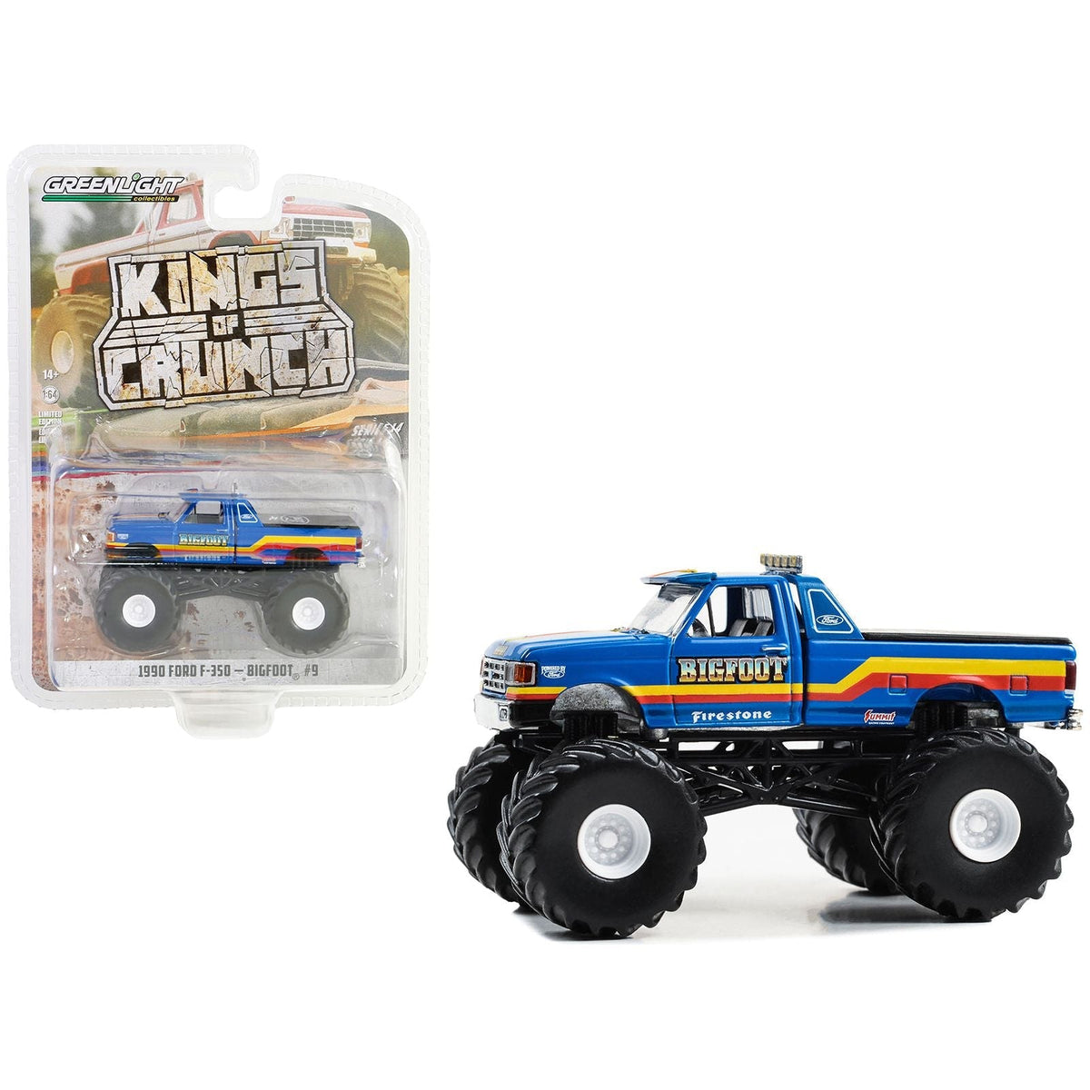 1990 Ford F-350 Monster Truck Blue with Red and Yellow Stripes "Bigfoot 9" "Kings of Crunch" Series 14 1/64 Diecast Model Car by Greenlight-Greenlight-ModelCars.com