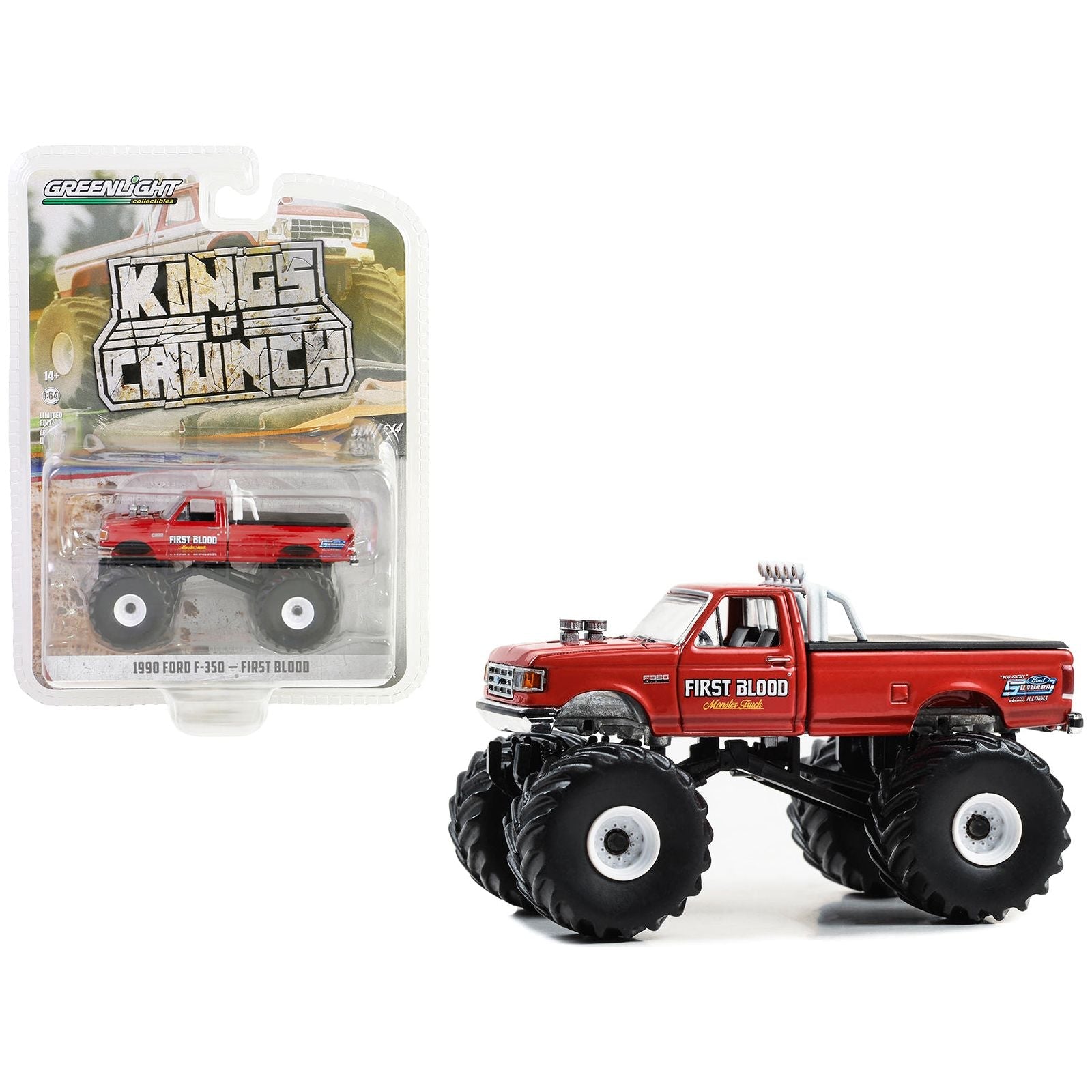 1990 Ford F - 350 Monster Truck Red "First Blood" "Kings of Crunch" Series 14 1/64 Diecast Model Car by Greenlight - Greenlight - ModelCars.com