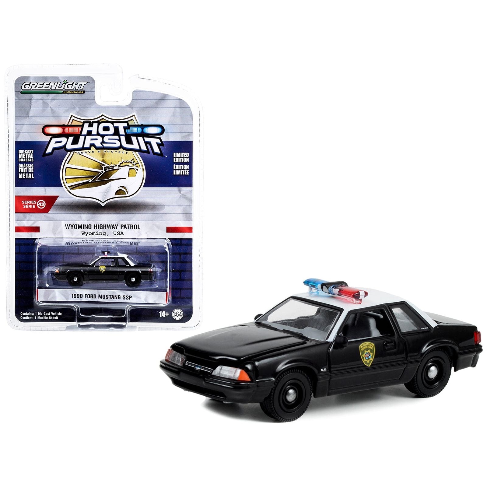 1990 Ford Mustang SSP Black and White "Wyoming Highway Patrol" "Hot Pursuit" Series 43 1/64 Diecast Model Car by Greenlight - Greenlight - ModelCars.com