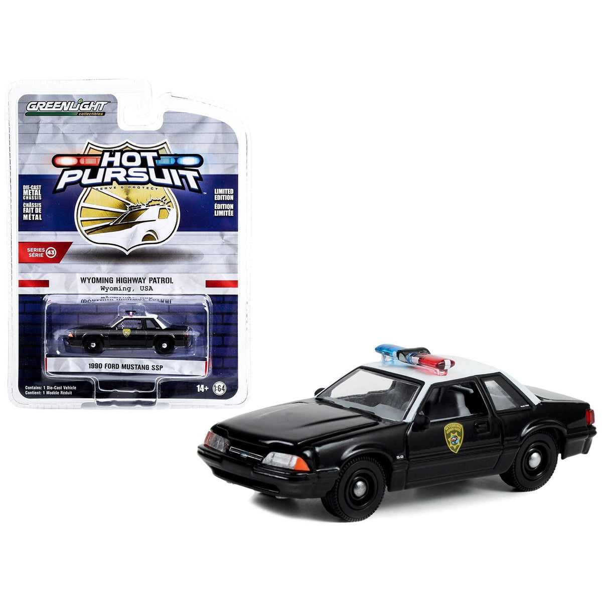 1990 Ford Mustang SSP Black and White "Wyoming Highway Patrol" "Hot Pursuit" Series 43 1/64 Diecast Model Car by Greenlight-Greenlight-ModelCars.com
