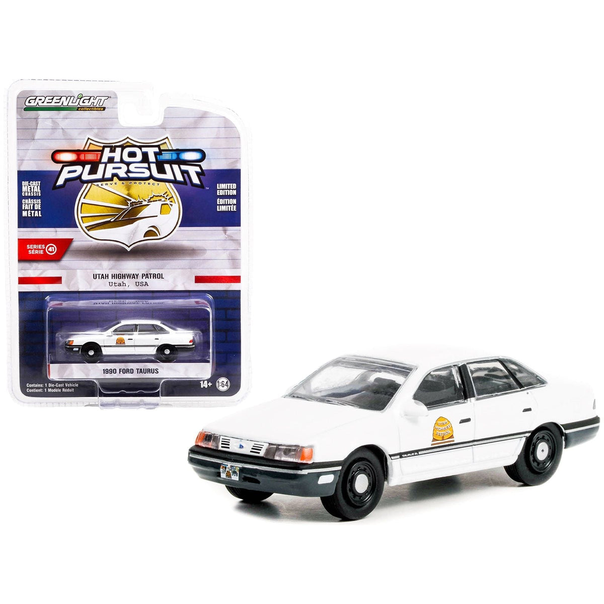 1990 Ford Taurus Police White "Utah Highway Patrol" "Hot Pursuit" Series 41 1/64 Diecast Model Car by Greenlight-Greenlight-ModelCars.com
