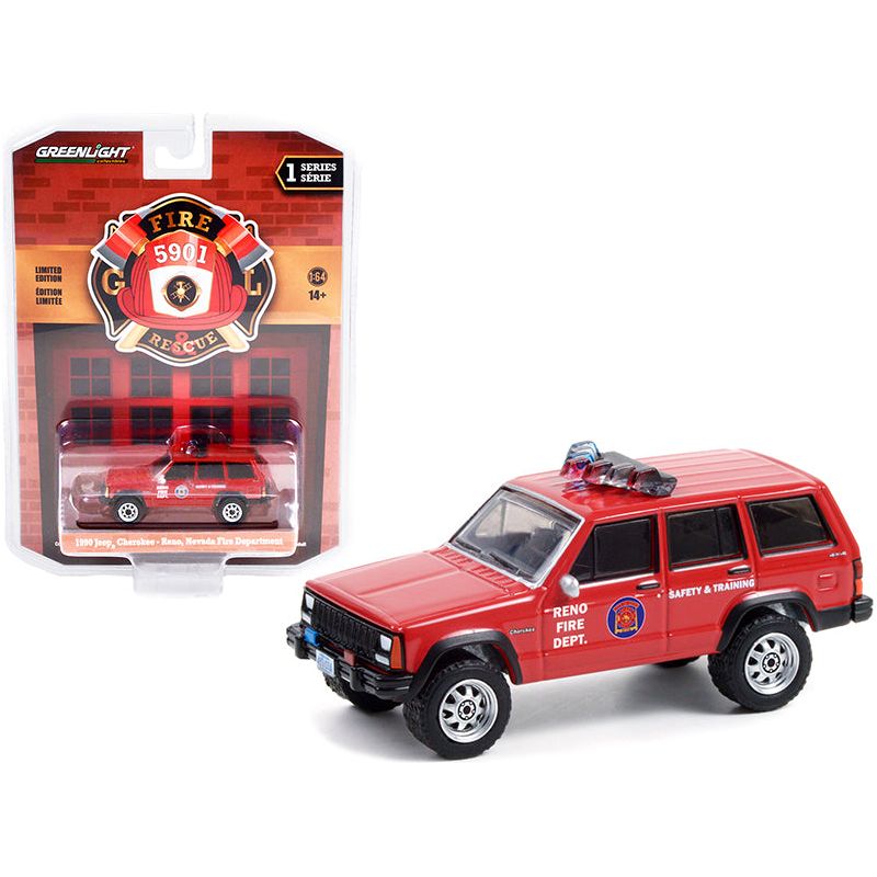 1990 Jeep Cherokee Red "Reno Fire Department" (Nevada) "Fire & Rescue" Series 1 1/64 Diecast Model Car by Greenlight - Greenlight - ModelCars.com