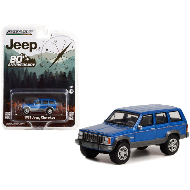 1991 Jeep Cherokee Blue Metallic with Red Stripes "Jeep 80th Anniversary Edition" "Anniversary Collection" Series 14 1/64 Diecast Model Car by Greenlight - Greenlight - ModelCars.com