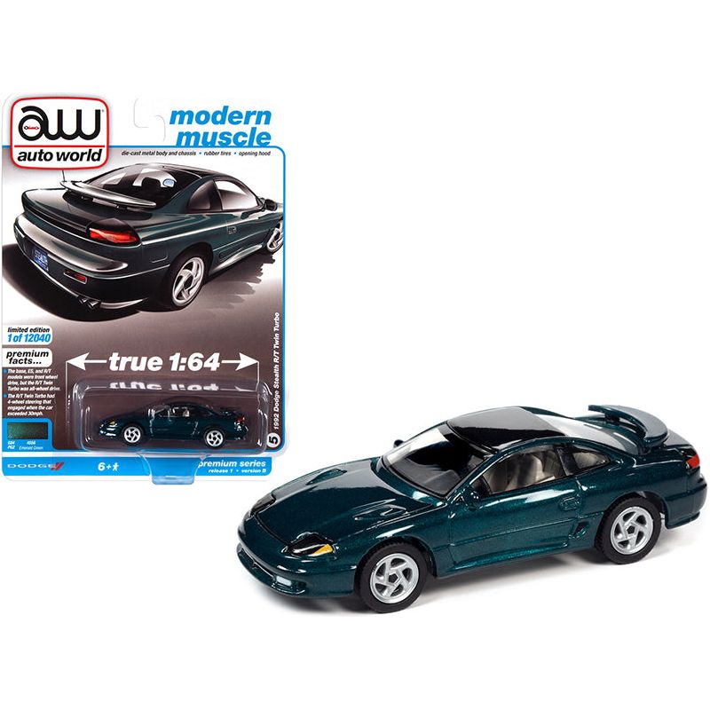 1992 Dodge Stealth R/T Twin Turbo Emerald Green Metallic with Black Top "Modern Muscle" Limited Edition to 12040 pieces Worldwide 1/64 Diecast Model Car by Auto World-Autoworld-ModelCars.com