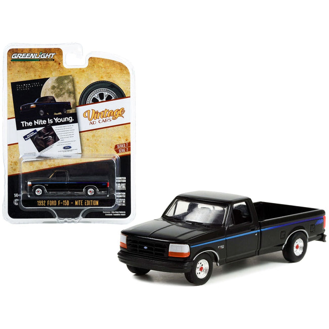 1992 Ford F - 150 Nite Edition Pickup Truck Black with Blue Stripes "The Nite Is Young" "Vintage Ad Cars" Series 7 1/64 Diecast Model Car by Greenlight - Greenlight - ModelCars.com