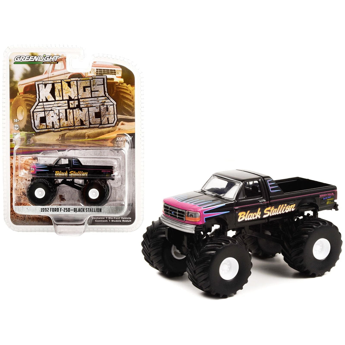 1992 Ford F-250 Monster Truck Black "Black Stallion" "Kings of Crunch" Series 11 1/64 Diecast Model Car by Greenlight-Greenlight-ModelCars.com