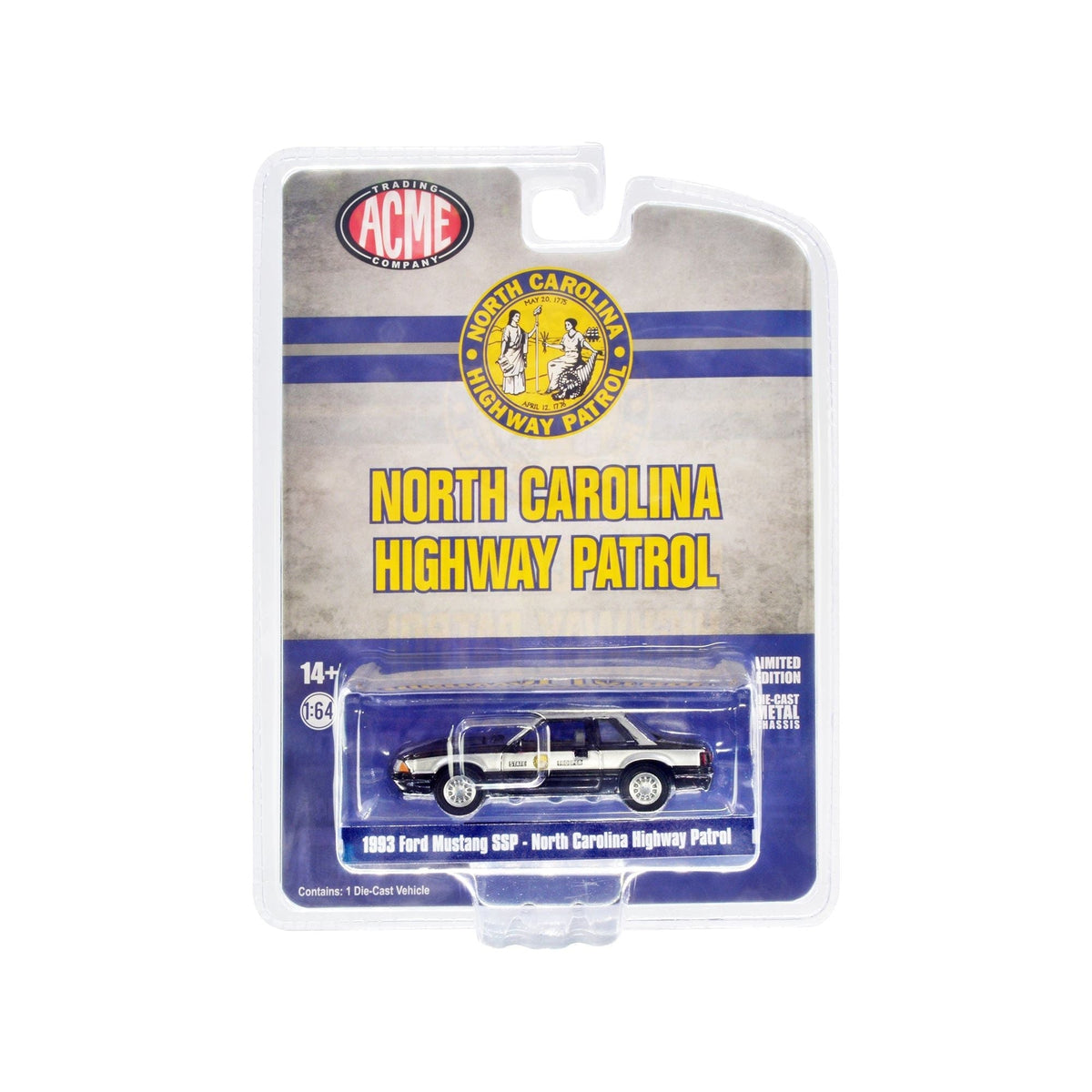 1993 Ford Mustang SSP Police Black and Silver "North Carolina Highway Patrol State Trooper" 1/64 Diecast Model Car by Greenlight for ACME-Greenlight-ModelCars.com
