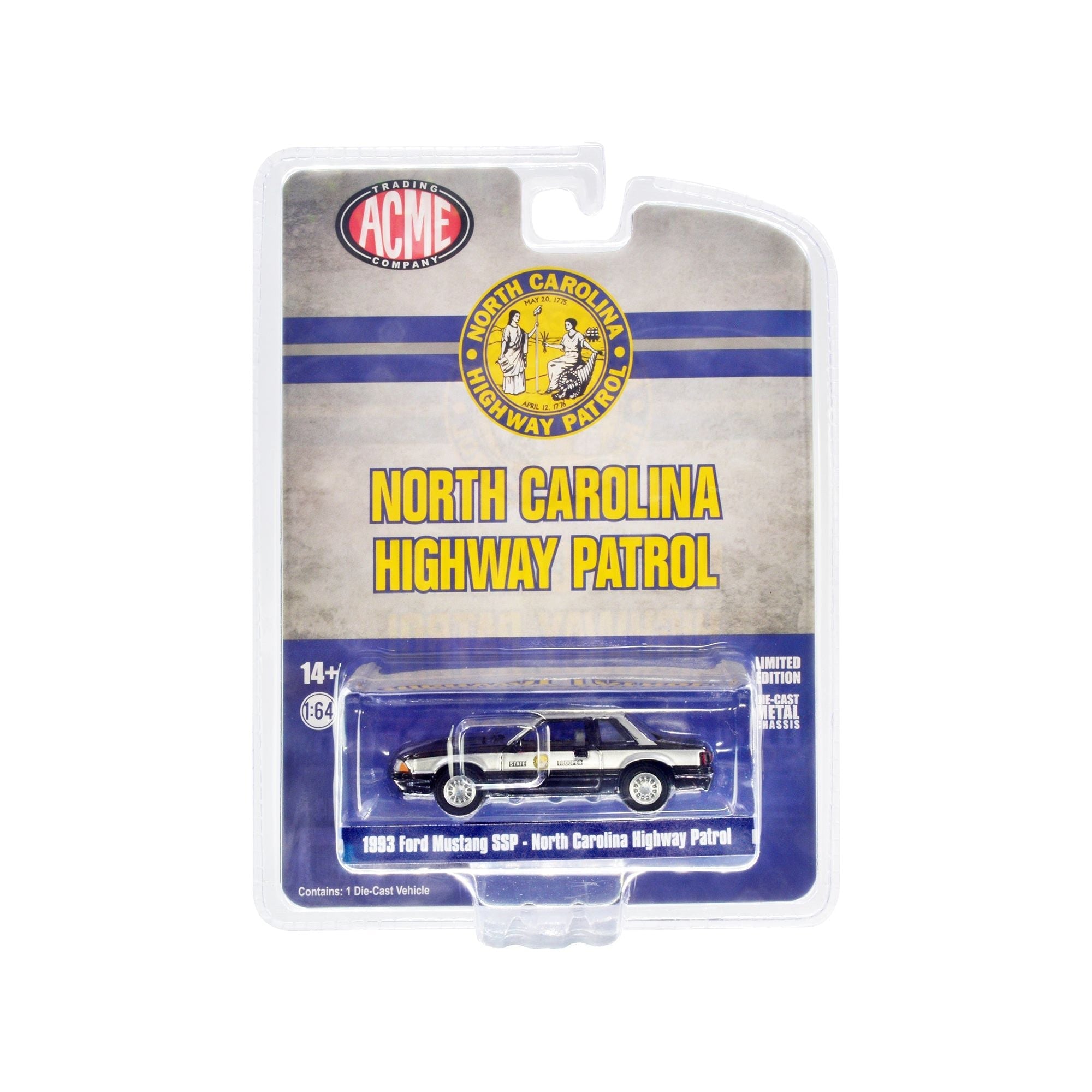 1993 Ford Mustang SSP Police Black and Silver "North Carolina Highway Patrol State Trooper" 1/64 Diecast Model Car by Greenlight for ACME - Greenlight - ModelCars.com