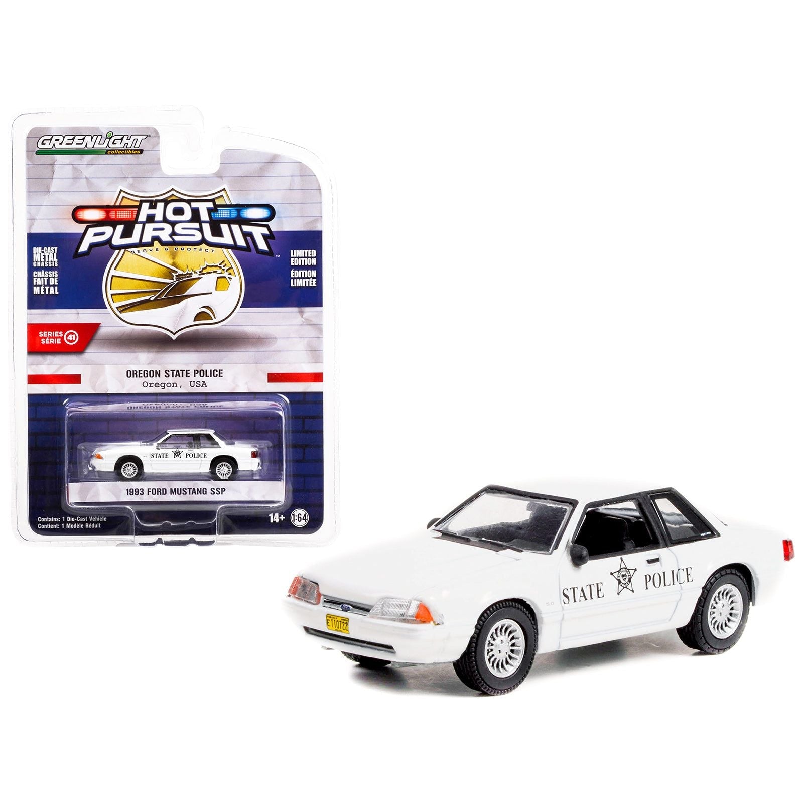 1993 Ford Mustang SSP Police White "Oregon State Police" "Hot Pursuit" Series 41 1/64 Diecast Model Car by Greenlight - Greenlight - ModelCars.com