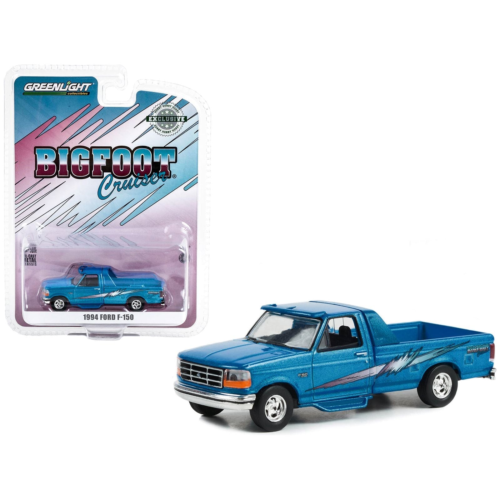 1994 Ford F - 150 Pickup Truck "Bigfoot Cruiser" Blue Metallic with Graphics "Hobby Exclusive" Series 1/64 Diecast Model Car by Greenlight - Greenlight - ModelCars.com