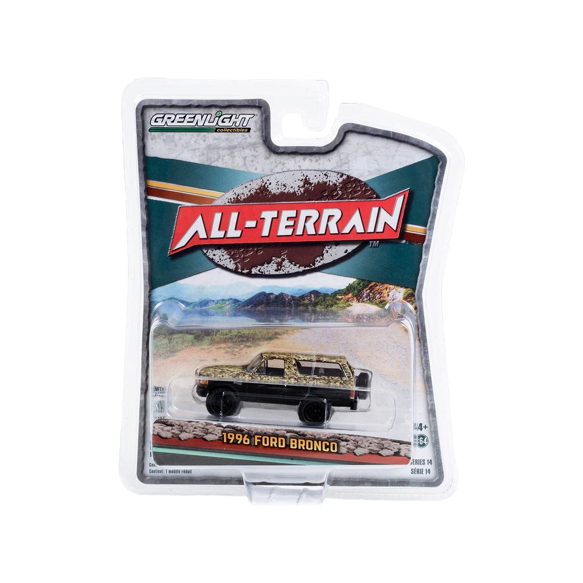 1996 Ford Bronco (Lifted) Custom Matt Black and Camouflage "All Terrain" Series 14 1/64 Diecast Model Car by Greenlight-Greenlight-ModelCars.com