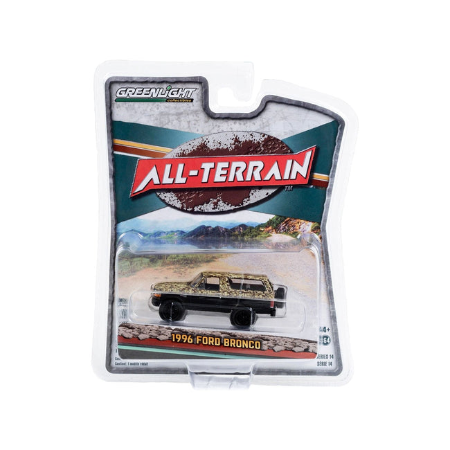 1996 Ford Bronco (Lifted) Custom Matt Black and Camouflage "All Terrain" Series 14 1/64 Diecast Model Car by Greenlight-Greenlight-ModelCars.com