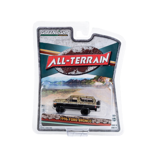 1996 Ford Bronco (Lifted) Custom Matt Black and Camouflage "All Terrain" Series 14 1/64 Diecast Model Car by Greenlight - Greenlight - ModelCars.com