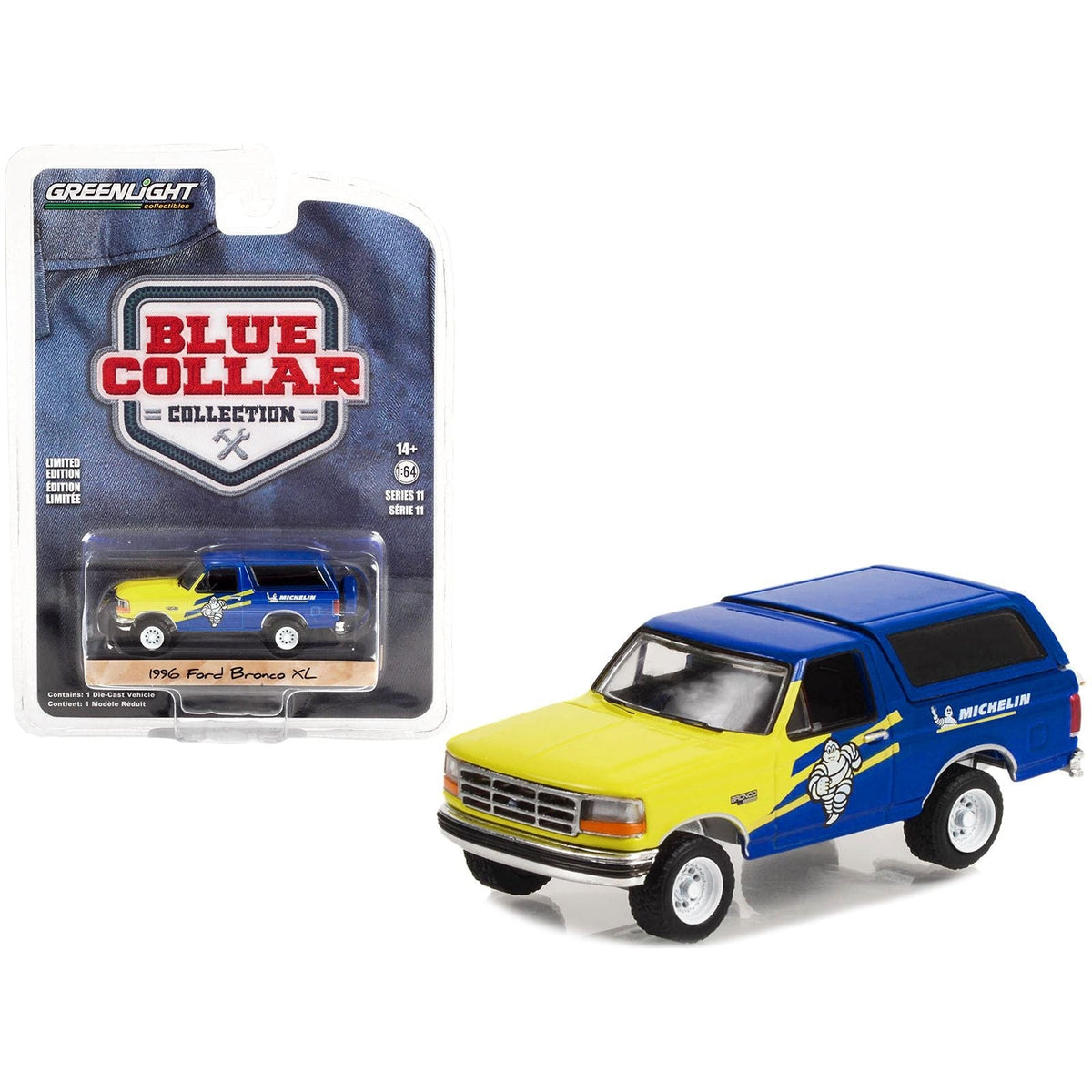 1996 Ford Bronco XL Blue and Yellow "Michelin Tires" "Blue Collar Collection" Series 11 1/64 Diecast Model Car by Greenlight-Greenlight-ModelCars.com