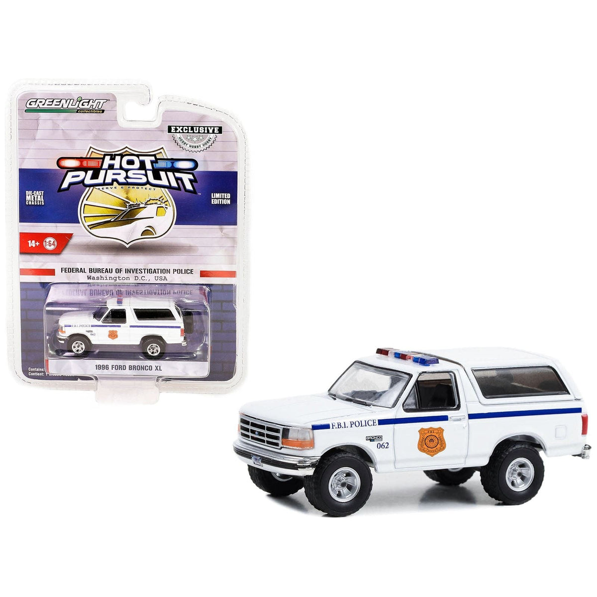 1996 Ford Bronco XL White "FBI Police (Federal Bureau of Investigation Police)" "Hot Pursuit" Special Edition 1/64 Diecast Model Car by Greenlight-Greenlight-ModelCars.com