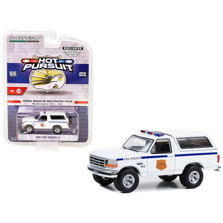 1996 Ford Bronco XL White "FBI Police (Federal Bureau of Investigation Police)" "Hot Pursuit" Special Edition 1/64 Diecast Model Car by Greenlight-Greenlight-ModelCars.com