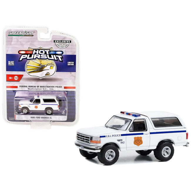 1996 Ford Bronco XL White "FBI Police (Federal Bureau of Investigation Police)" "Hot Pursuit" Special Edition 1/64 Diecast Model Car by Greenlight - Greenlight - ModelCars.com