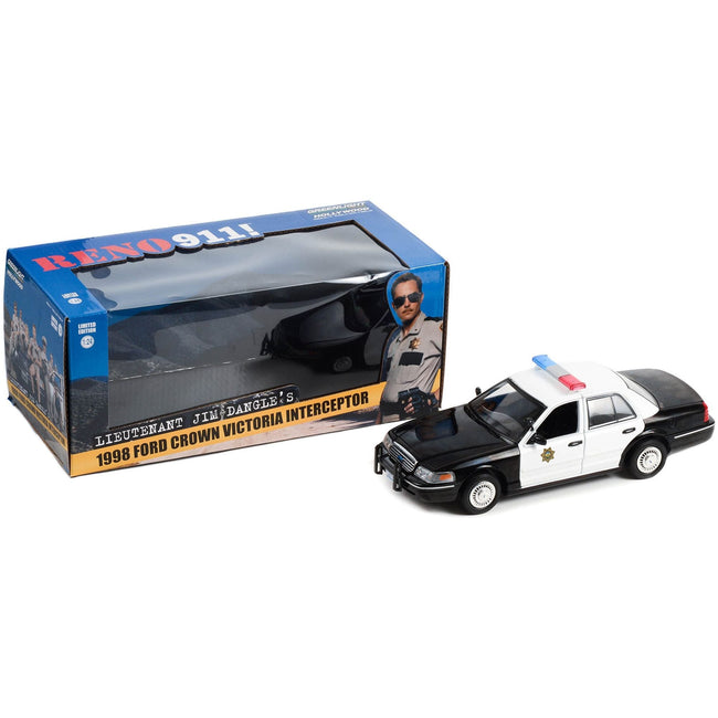 1998 Ford Crown Victoria Police Interceptor Black and White "Reno Sheriff's Department" "Lieutenant Jim Dangle Reno 911 (2003 - 2009)" TV Series 1/24 Diecast Model Car by Greenlight - Greenlight - ModelCars.com