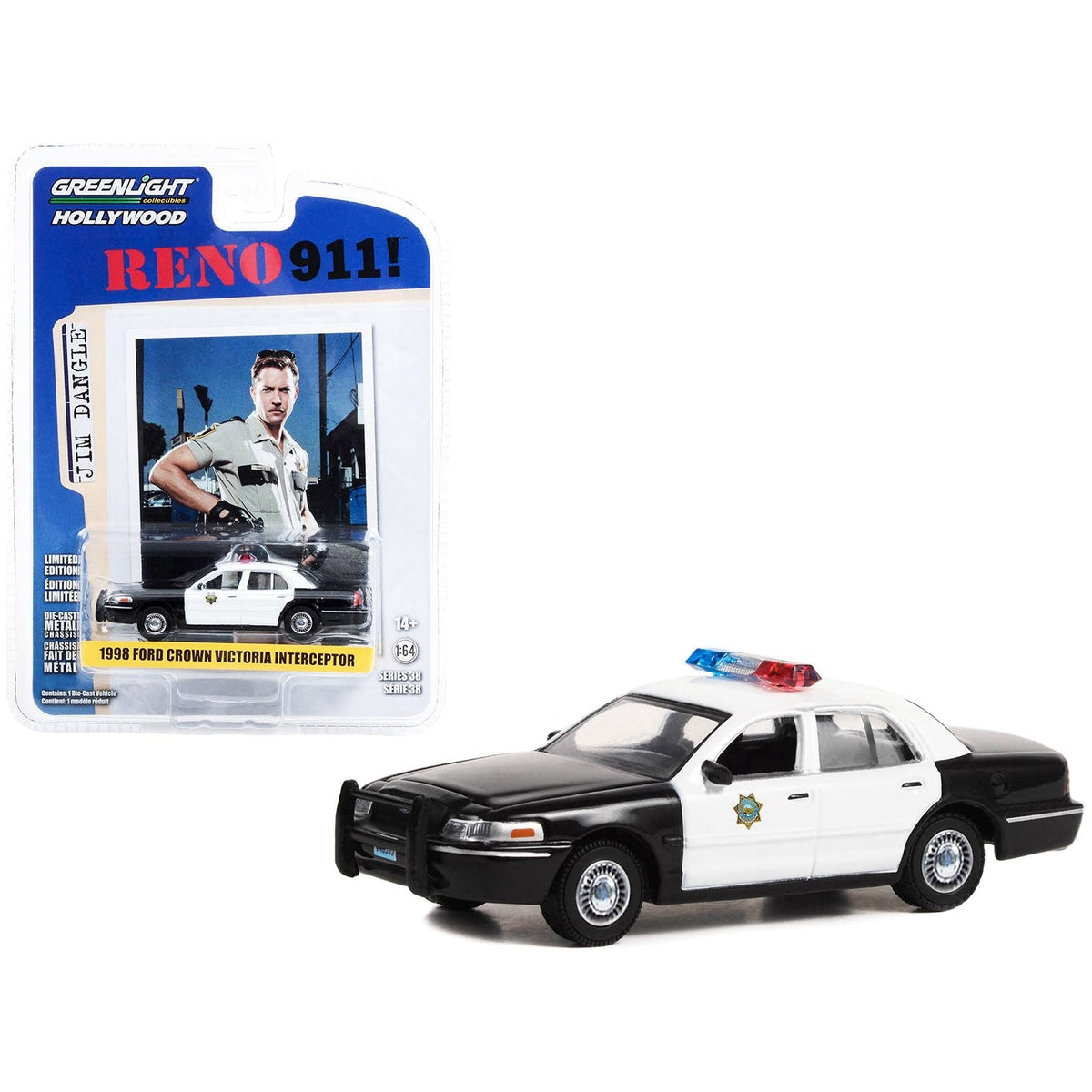 1998 Ford Crown Victoria Police Interceptor Black and White Reno Sheriff's Department "Lieutenant Jim Dangle" "Reno 911!" (2003-2009) TV Series "Hollywood Series" Release 38 1/64 Diecast Model Car by Greenlight-Greenlight-ModelCars.com