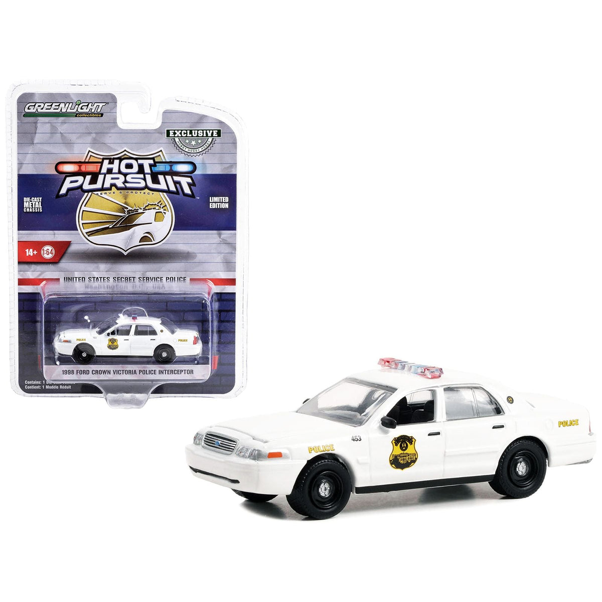 1998 Ford Crown Victoria Police Interceptor White "United States Secret Service Police" Washington DC "Hot Pursuit" Special Edition 1/64 Diecast Model Car by Greenlight-Greenlight-ModelCars.com
