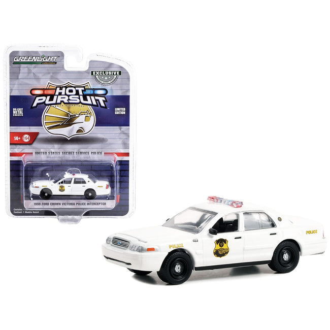 1998 Ford Crown Victoria Police Interceptor White "United States Secret Service Police" Washington DC "Hot Pursuit" Special Edition 1/64 Diecast Model Car by Greenlight - Greenlight - ModelCars.com