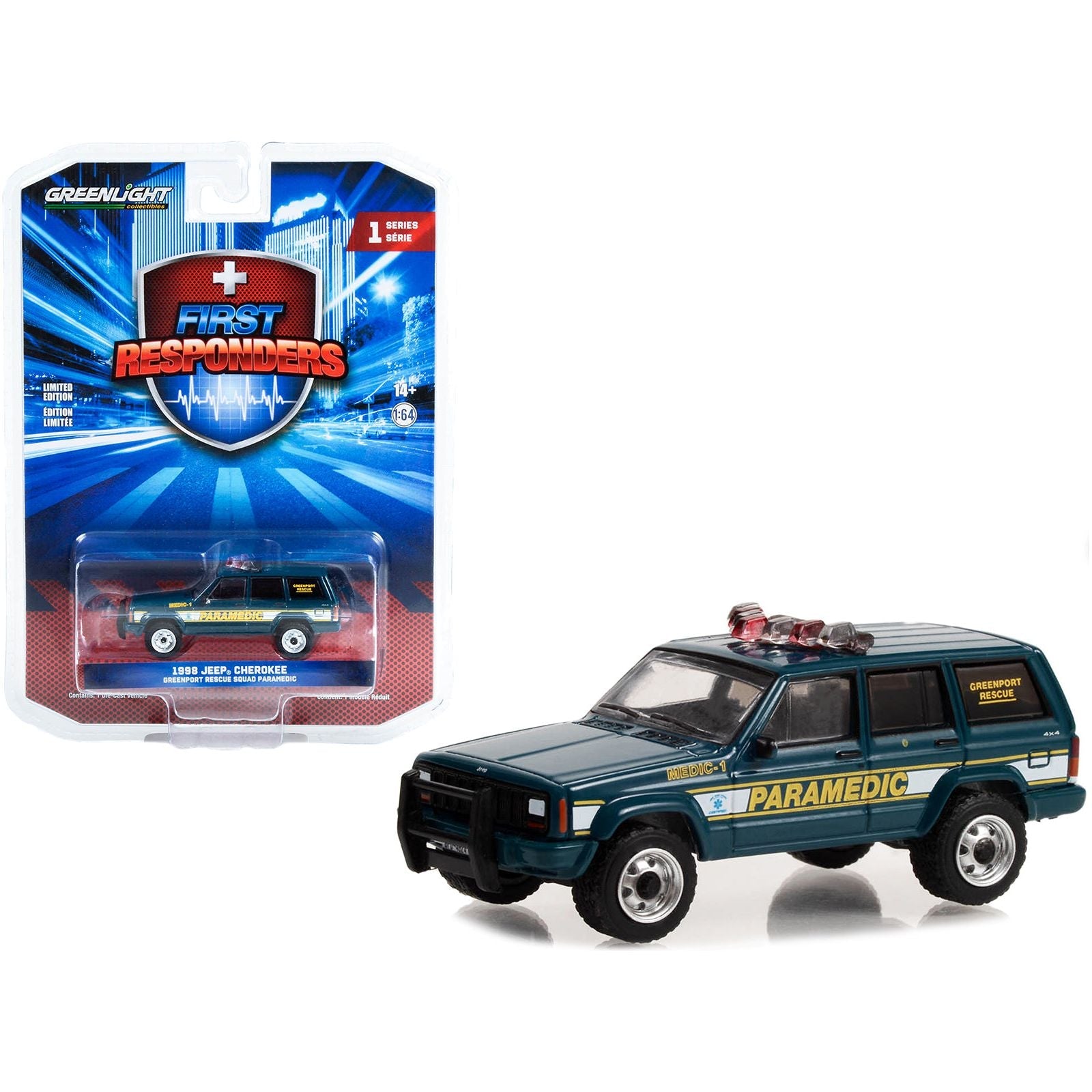 1998 Jeep Cherokee Blue "Greenport Rescue Squad Paramedic Greenport New York" "First Responders" Series 1 1/64 Diecast Model Car by Greenlight - Greenlight - ModelCars.com