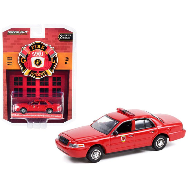 2001 Ford Crown Victoria Interceptor Red "Baltimore City Fire Department" (Maryland) "Fire & Rescue" Series 2 1/64 Diecast Model Car by Greenlight - Greenlight - ModelCars.com