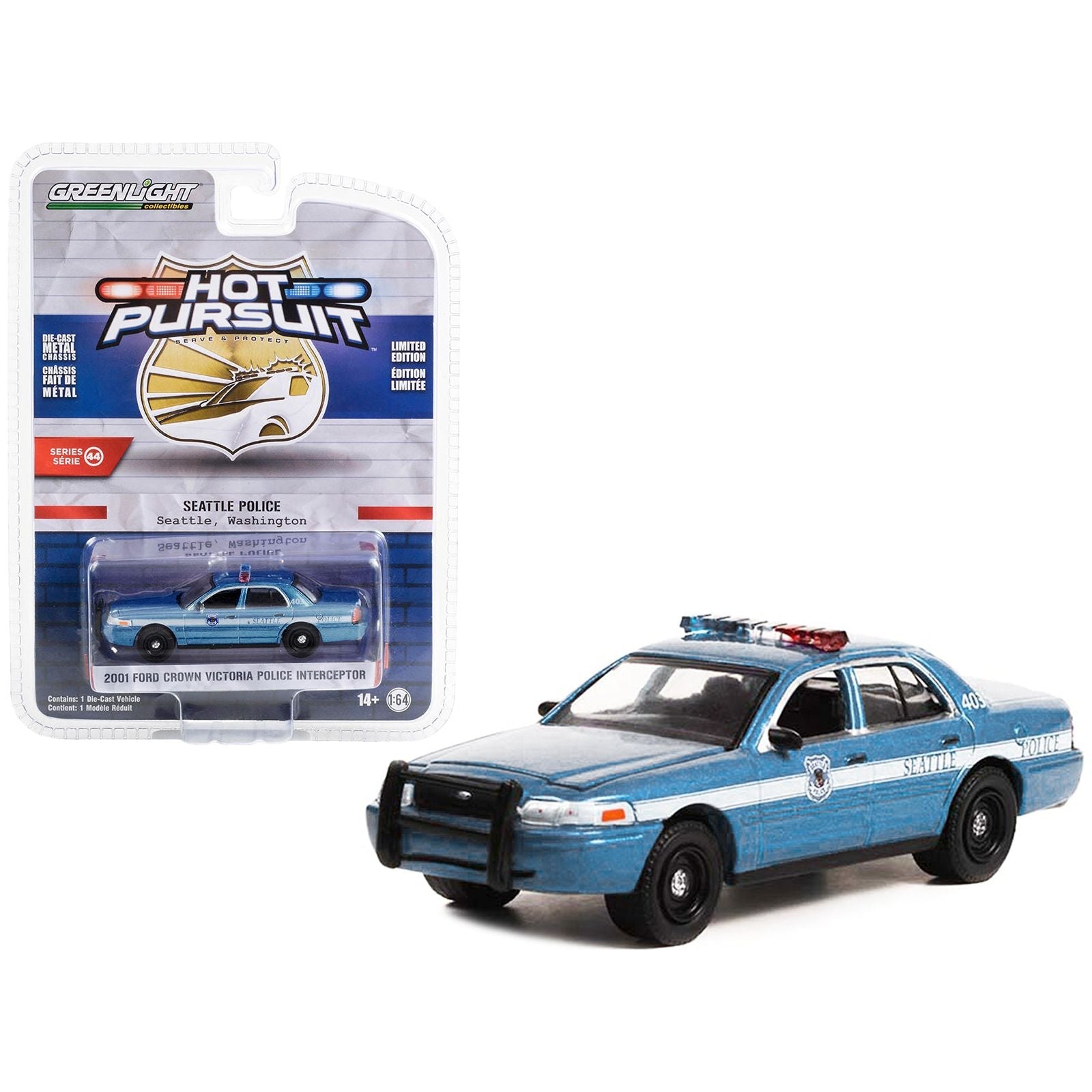 2001 Ford Crown Victoria Police Interceptor Blue Metallic "Seattle Police Seattle Washington" "Hot Pursuit" Series 44 1/64 Diecast Model Car by Greenlight - Greenlight - ModelCars.com