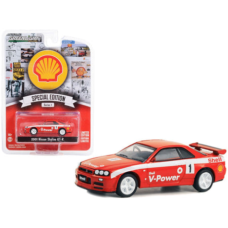 2001 Nissan Skyline GT - R (R34) 1 Red with White Stripes "Shell Racing" "Shell Oil Special Edition" Series 1 1/64 Diecast Model Car by Greenlight - Greenlight - ModelCars.com