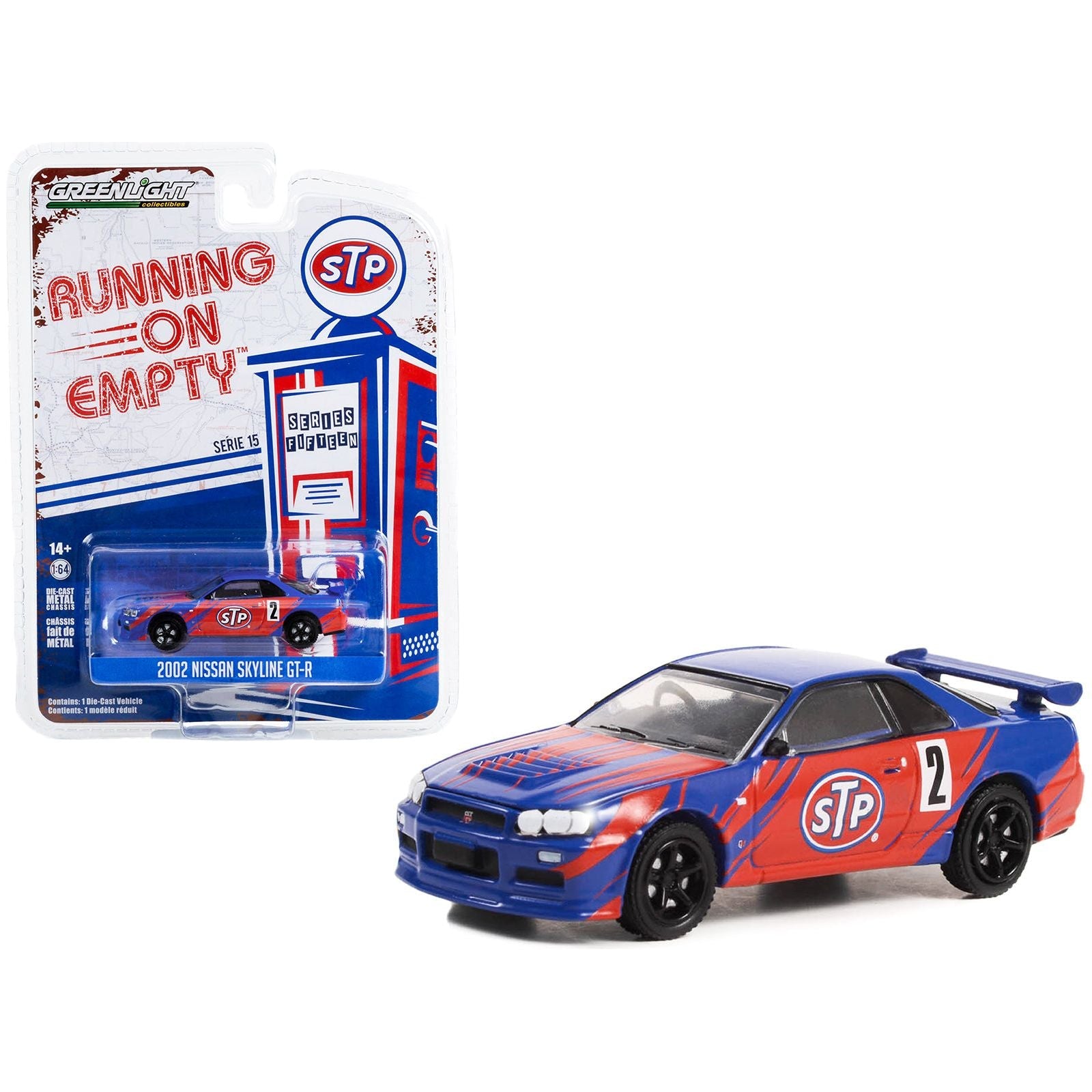 2002 Nissan Skyline GT - R (R34) 2 Blue with Red Graphics "STP" "Running on Empty" Series 15 1/64 Diecast Model Car by Greenlight - Greenlight - ModelCars.com
