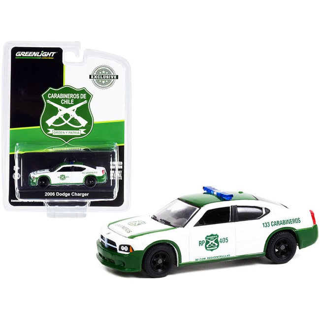 2006 Dodge Charger Police Car Green and White "Carabineros de Chile" "Hobby Exclusive" 1/64 Diecast Model Car by Greenlight - Greenlight - ModelCars.com