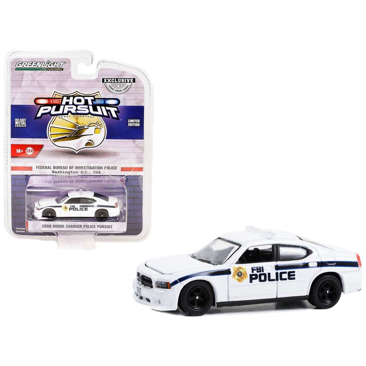 2008 Dodge Charger Police Pursuit White "FBI Police (Federal Bureau of Investigation Police)" "Hot Pursuit" Special Edition 1/64 Diecast Model Car by Greenlight-Greenlight-ModelCars.com