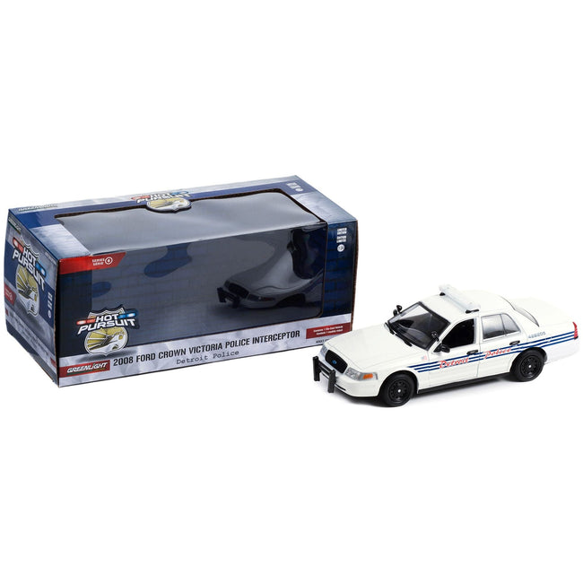 2008 Ford Crown Victoria Police Interceptor White with Blue Stripes "Detroit Police" (Michigan) "Hot Pursuit" Series 1/24 Diecast Model Car by Greenlight - Greenlight - ModelCars.com
