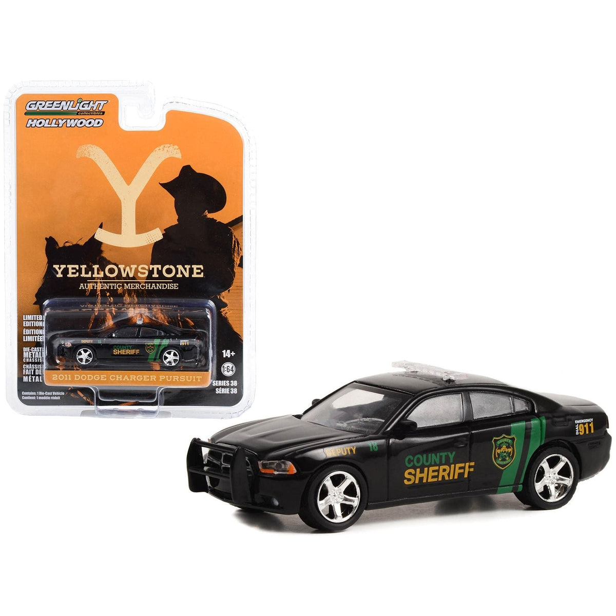 2011 Dodge Charger Pursuit 18 "County Sheriff Deputy" Black "Yellowstone" (2018-Current) TV Series "Hollywood Series" Release 38 1/64 Diecast Model Car by Greenlight-Greenlight-ModelCars.com