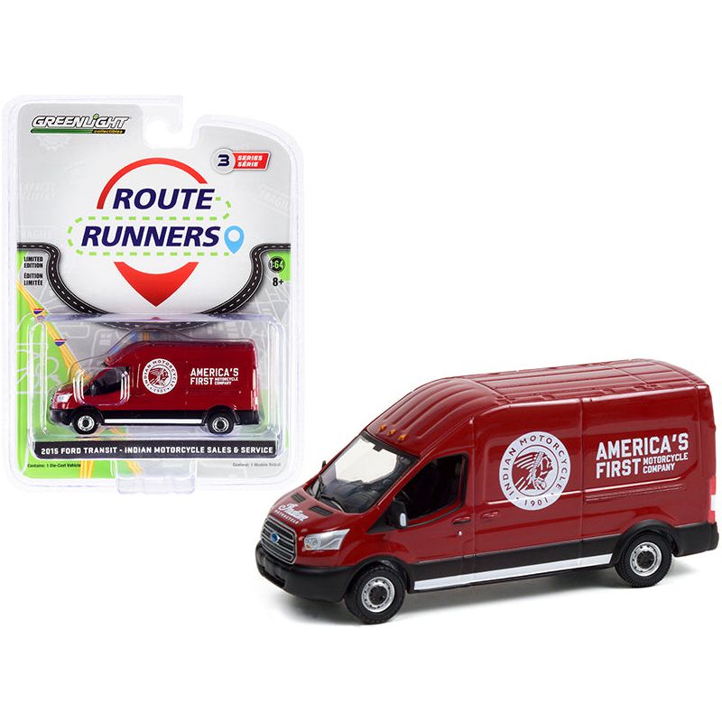 2015 Ford Transit LWB High Roof Van Burgundy "Indian Motorcycle Sales & Service" "Route Runners" Series 3 1/64 Diecast Model by Greenlight-Greenlight-ModelCars.com