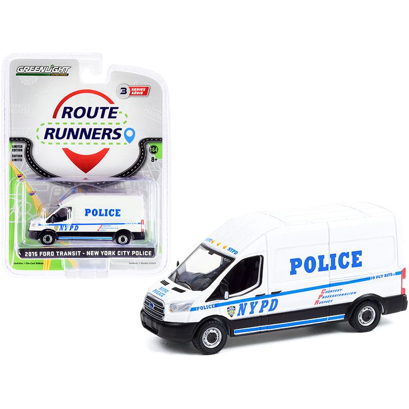 2015 Ford Transit LWB High Roof Van White "NYPD" (New York City Police Department) "Route Runners" Series 3 1/64 Diecast Model by Greenlight-Greenlight-ModelCars.com